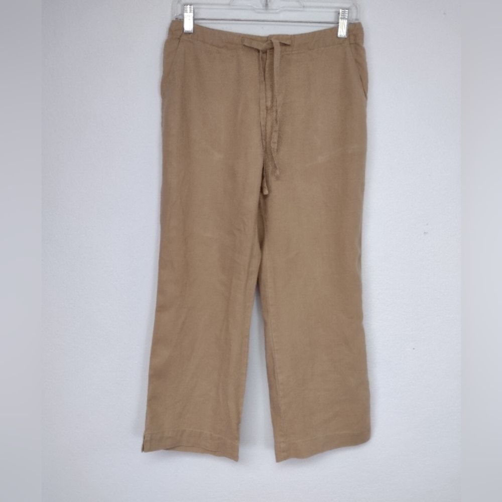 OLD NAVY Pants Linen Tan Cropped Drawstring Zip Front Pants Sz 1 Coastal Summer